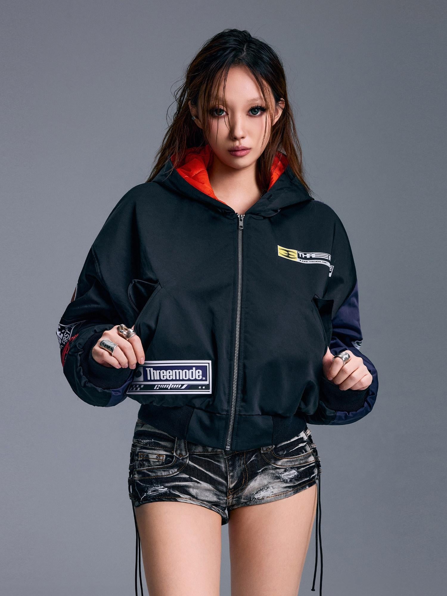 3MODE Cartoon Print Street Hooded Cropped Biker Zipper Women&