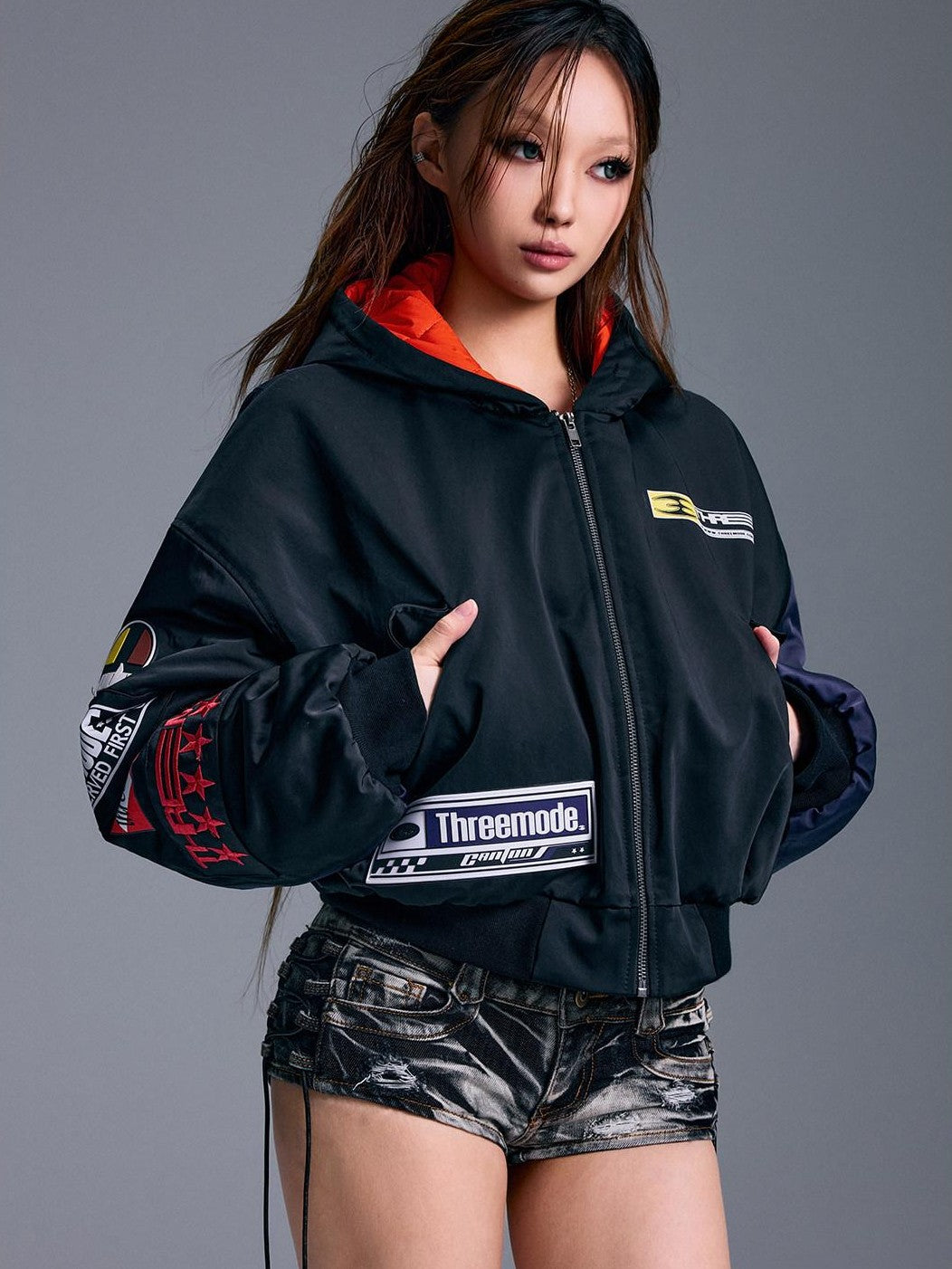 3MODE Cartoon Print Street Hooded Cropped Biker Zipper Women&