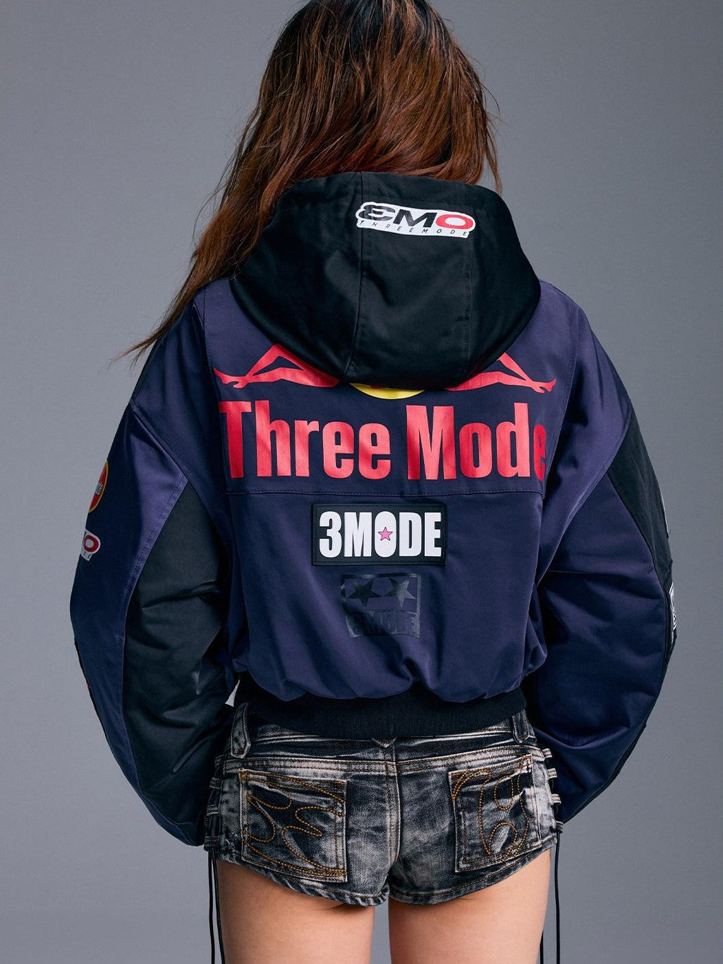 3MODE Cartoon Print Street Hooded Cropped Biker Zipper Women&