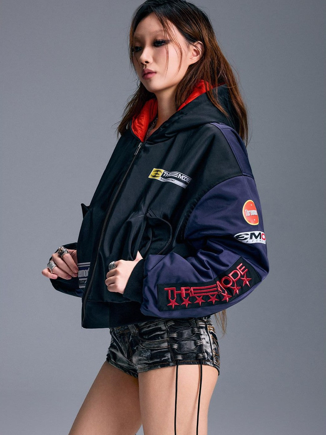 3MODE Cartoon Print Street Hooded Cropped Biker Zipper Women&