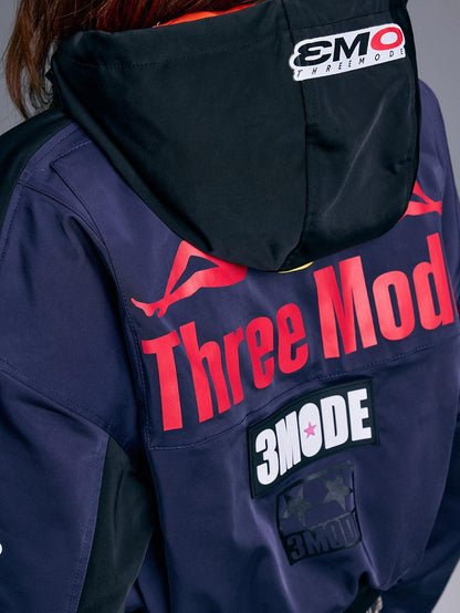 3MODE Cartoon Print Street Hooded Cropped Biker Zipper Women&
