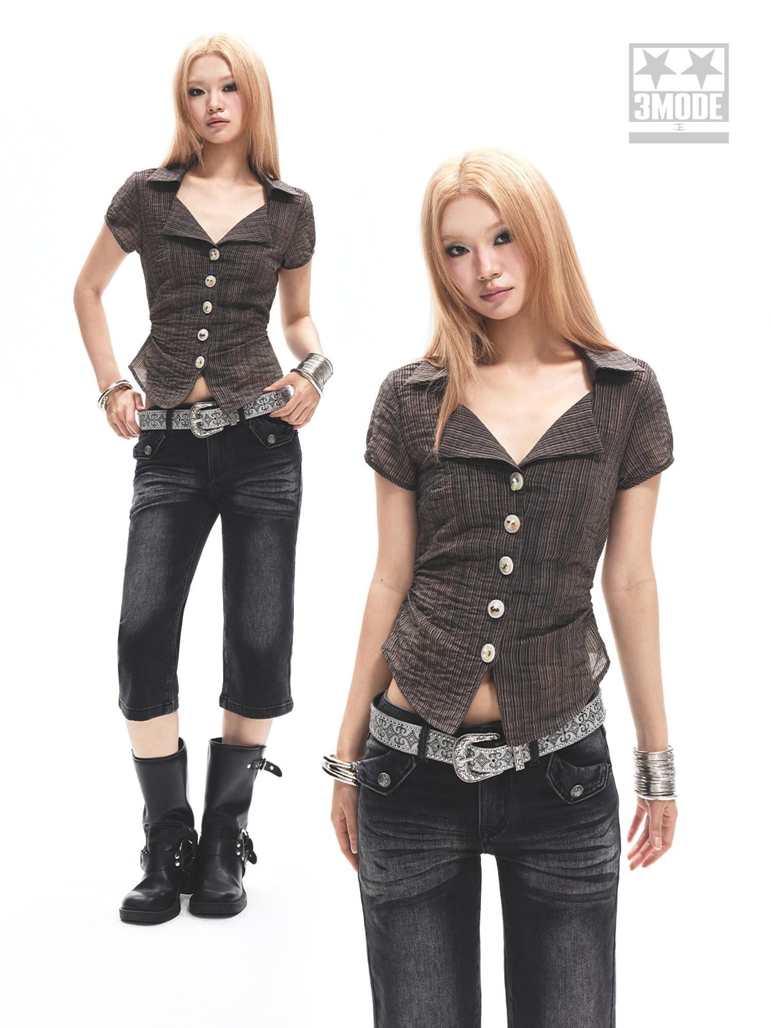 3MODE Coffee Collar V-neck Button Waist Cinched Women&
