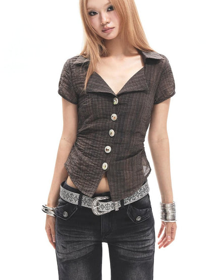 3MODE Coffee Collar V-neck Button Waist Cinched Women&