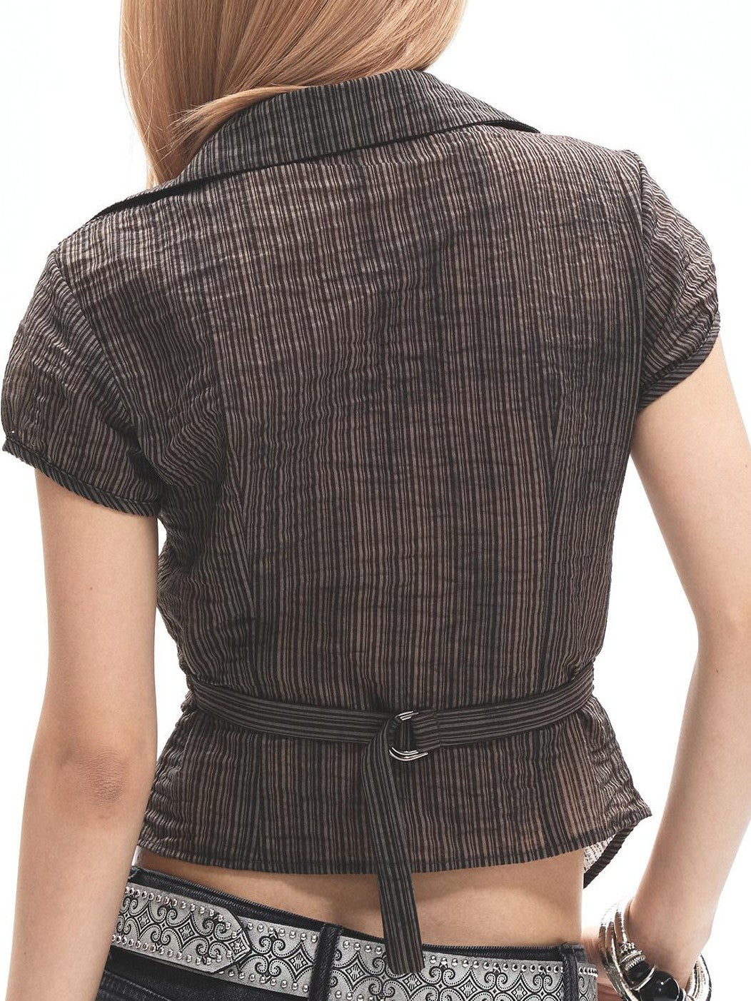 3MODE Coffee Collar V-neck Button Waist Cinched Women&