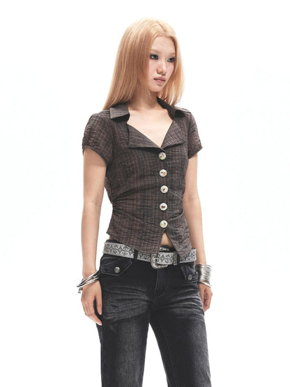 3MODE Coffee Collar V-neck Button Waist Cinched Women&