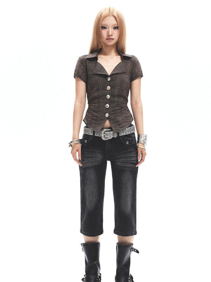 3MODE Coffee Collar V-neck Button Waist Cinched Women&