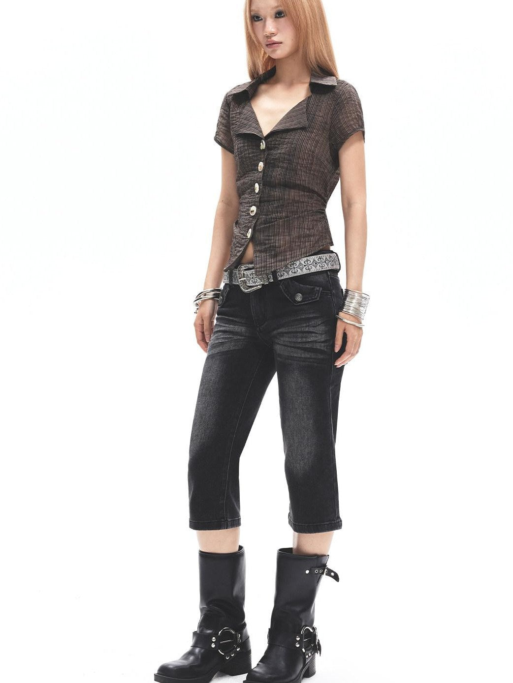 3MODE Coffee Collar V-neck Button Waist Cinched Women&