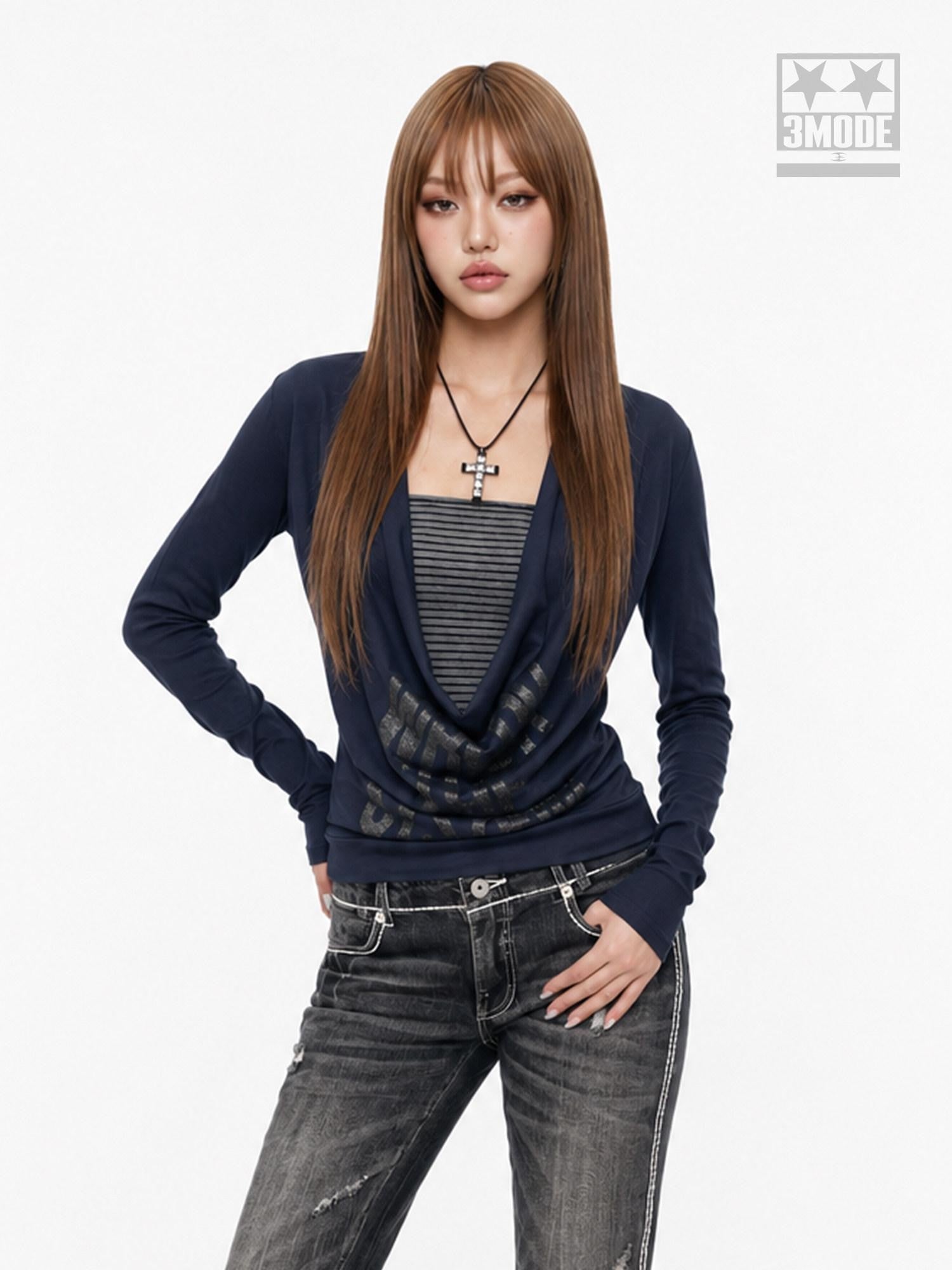 3MODE Colorblock Faux Layered Draped Neck Women&
