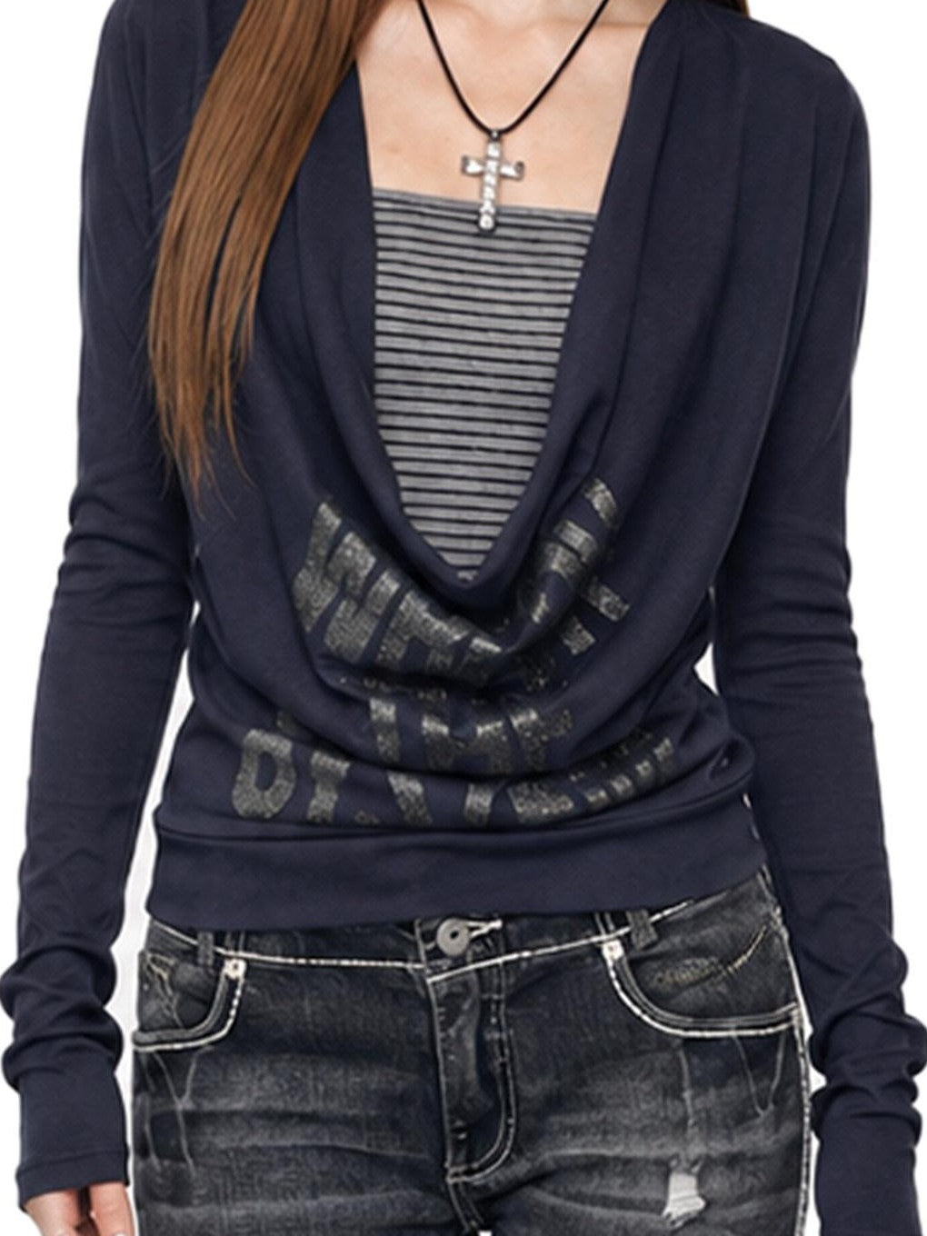 3MODE Colorblock Faux Layered Draped Neck Women&