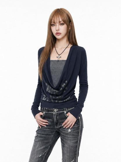 3MODE Colorblock Faux Layered Draped Neck Women&