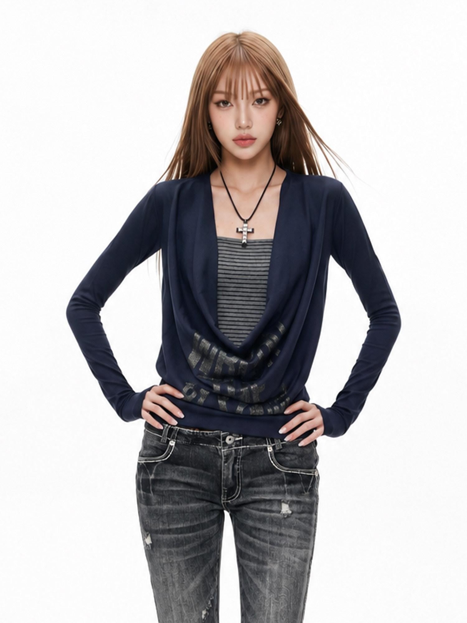 3MODE Colorblock Faux Layered Draped Neck Women&