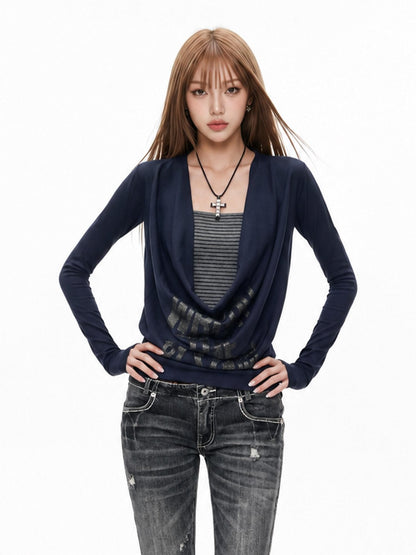 3MODE Colorblock Faux Layered Draped Neck Women&