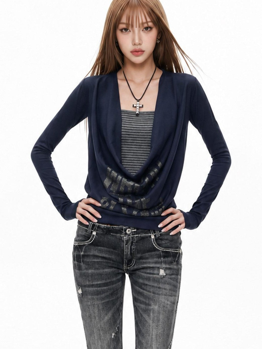 3MODE Colorblock Faux Layered Draped Neck Women&