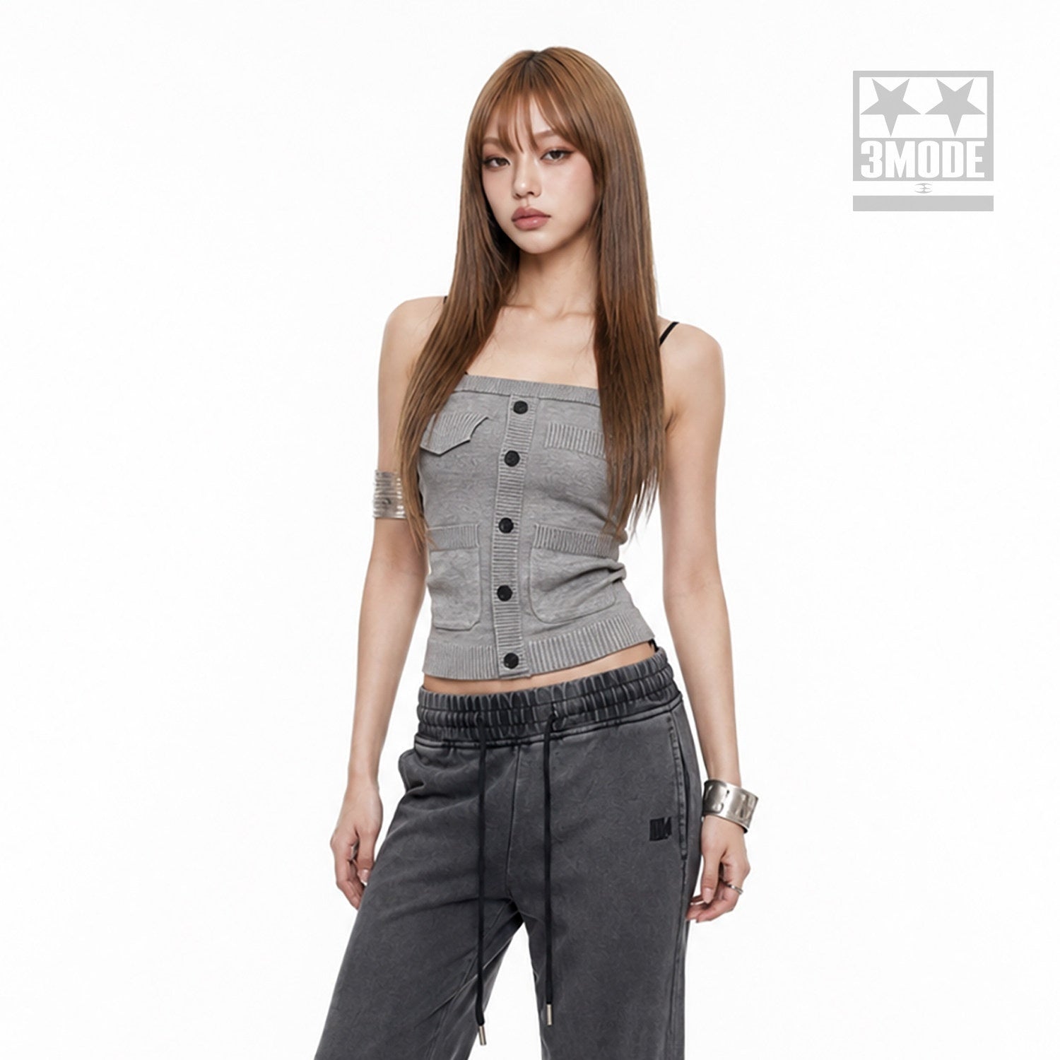 3MODE_Cropped_Faux_Pocket_Single_Row_Button_Bustier_Vintage_Slim_Women&