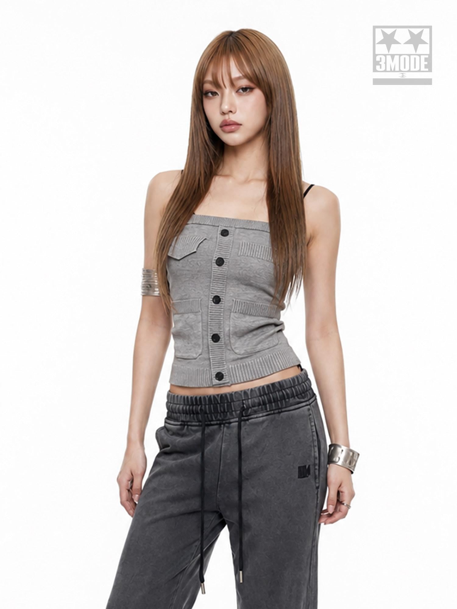 3MODE Cropped Faux Pocket Single Row Button Bustier Vintage Slim Women&