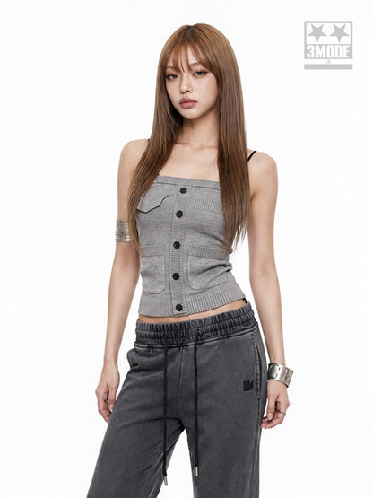 3MODE Cropped Faux Pocket Single Row Button Bustier Vintage Slim Women&