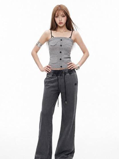 3MODE Cropped Faux Pocket Single Row Button Bustier Vintage Slim Women&
