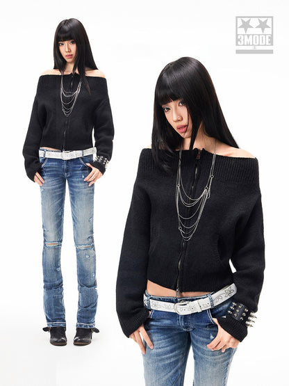 3MODE Cropped Off Shoulder Relaxed Long Sleeve Women&