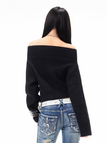 3MODE Cropped Off Shoulder Relaxed Long Sleeve Women&