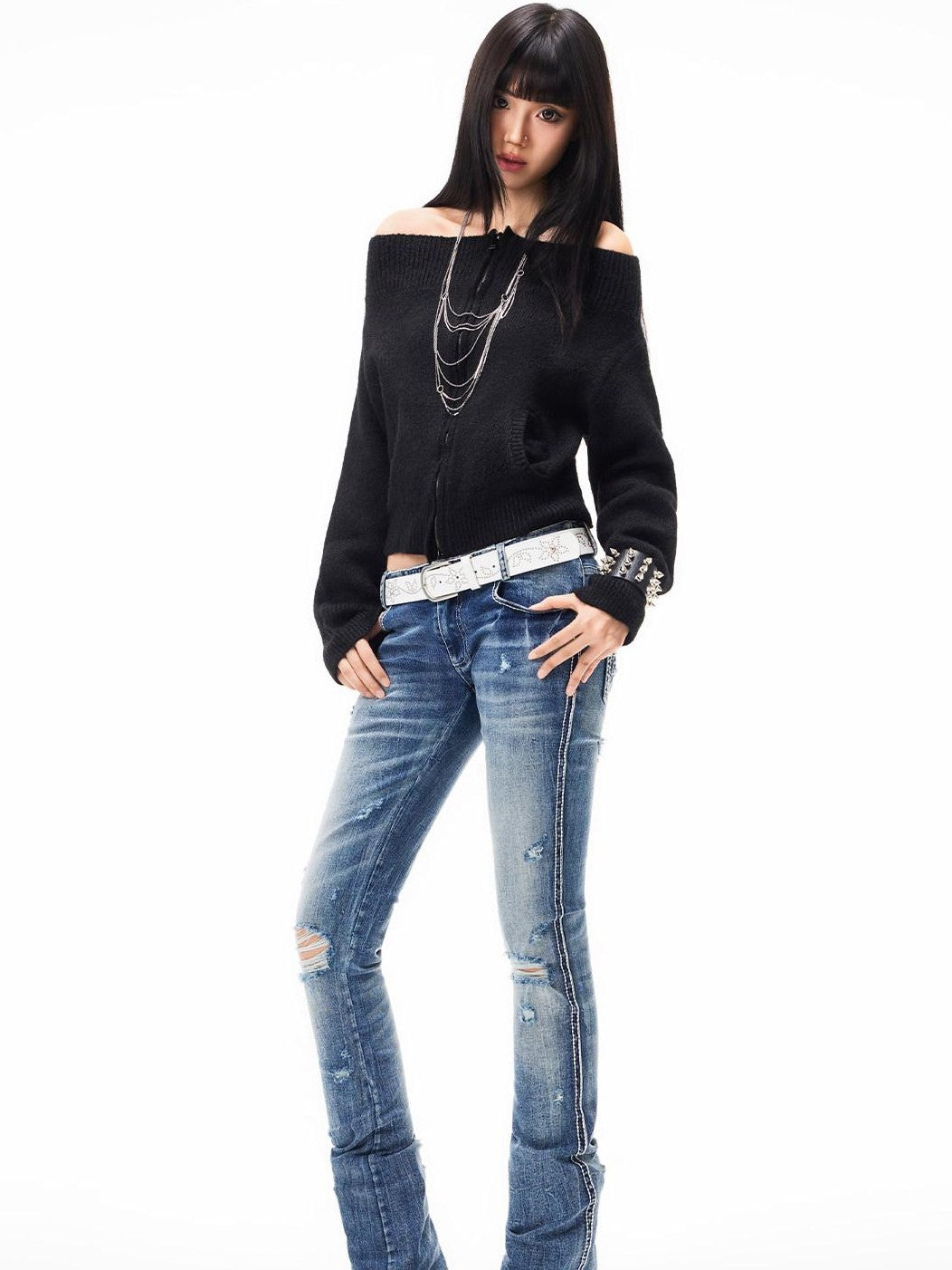 3MODE Cropped Off Shoulder Relaxed Long Sleeve Women&