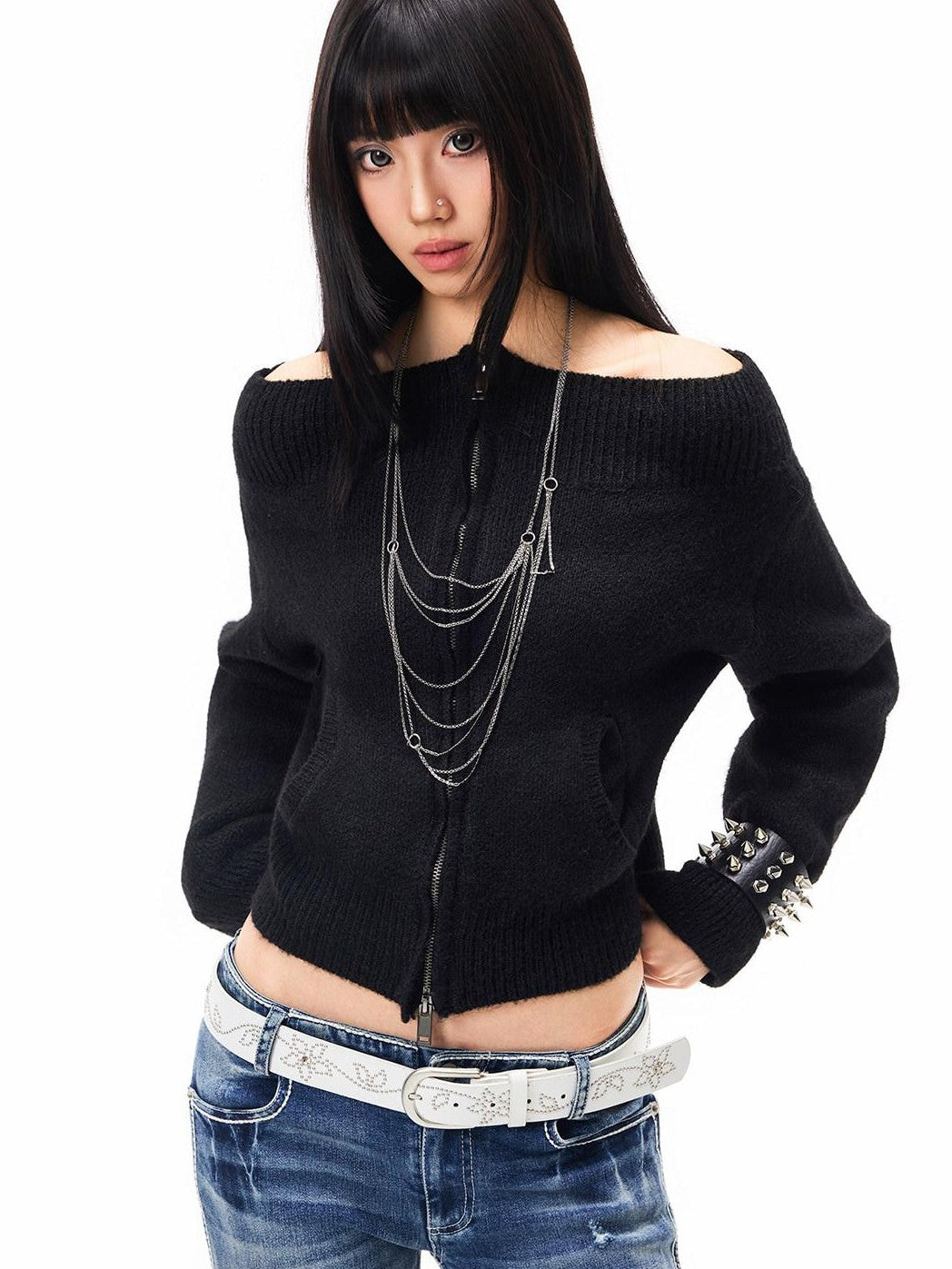 3MODE Cropped Off Shoulder Relaxed Long Sleeve Women&