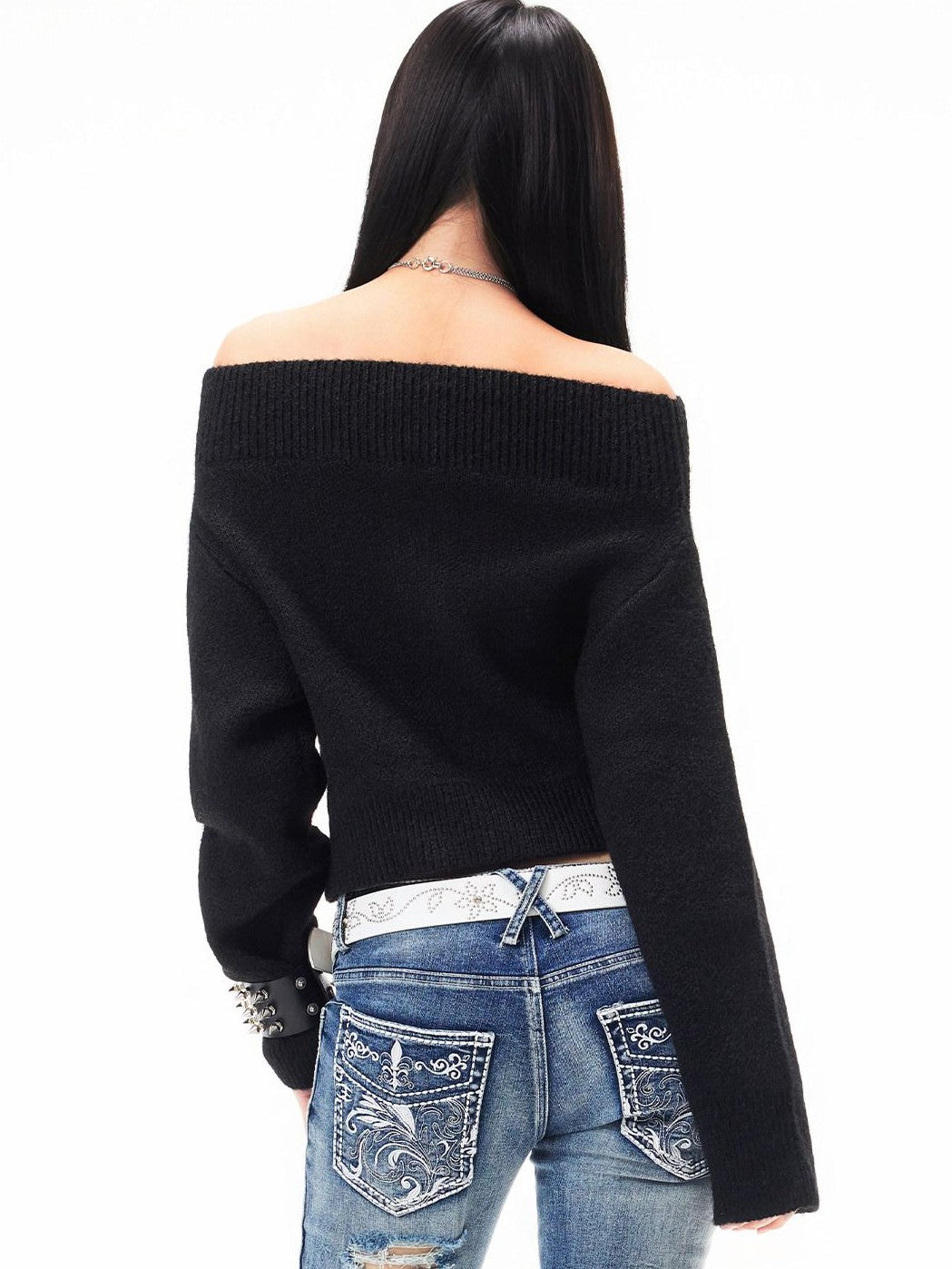 3MODE Cropped Off Shoulder Relaxed Long Sleeve Women&