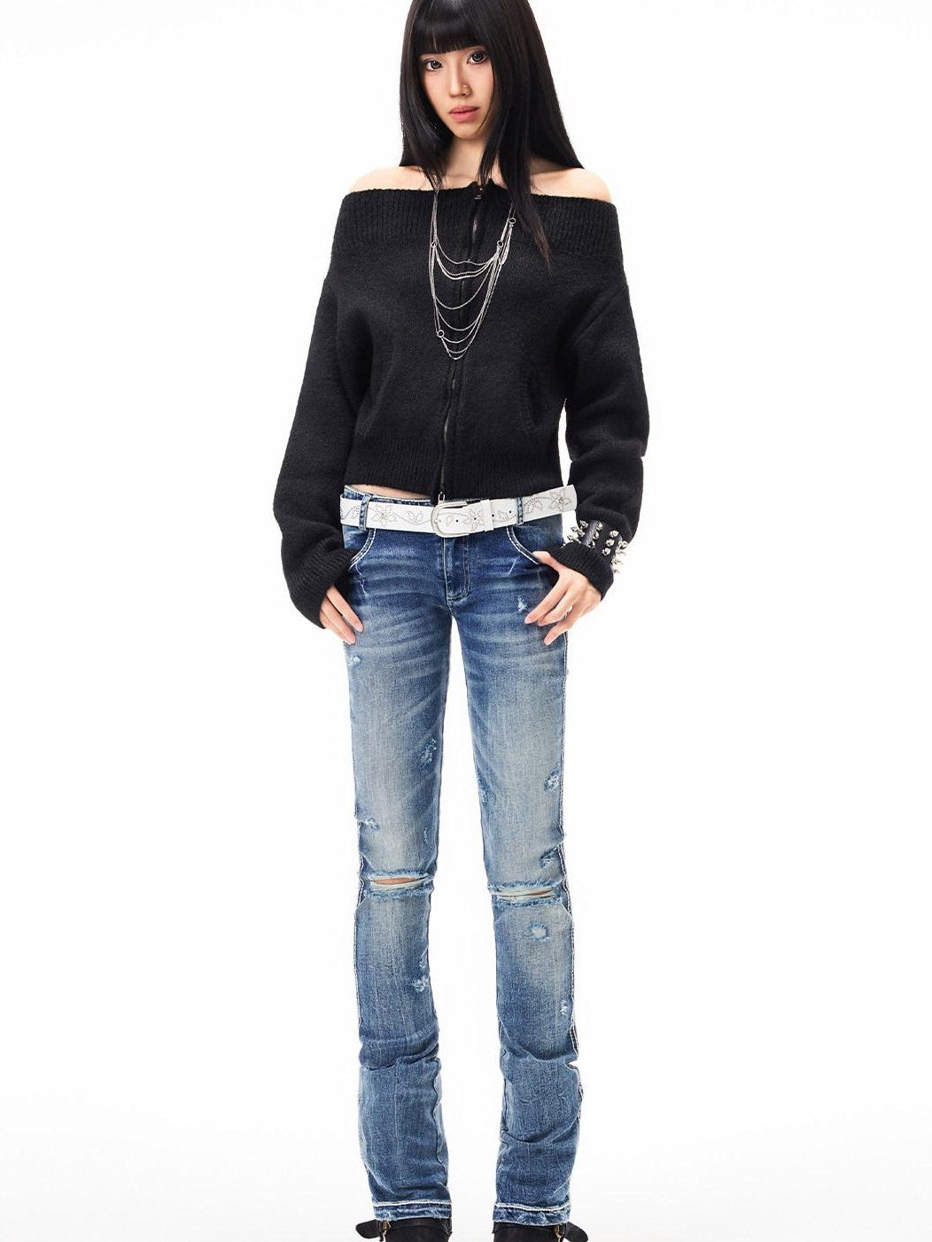 3MODE Cropped Off Shoulder Relaxed Long Sleeve Women&