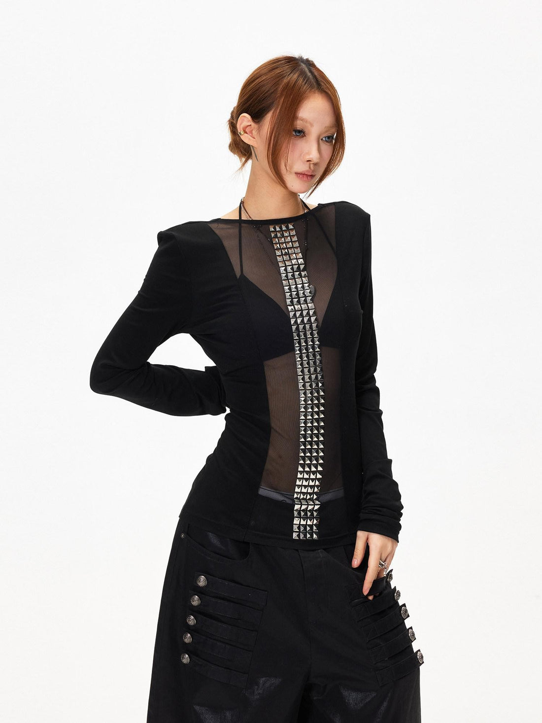 3MODE Dark Goth Rhinestone Mesh Panel Women&