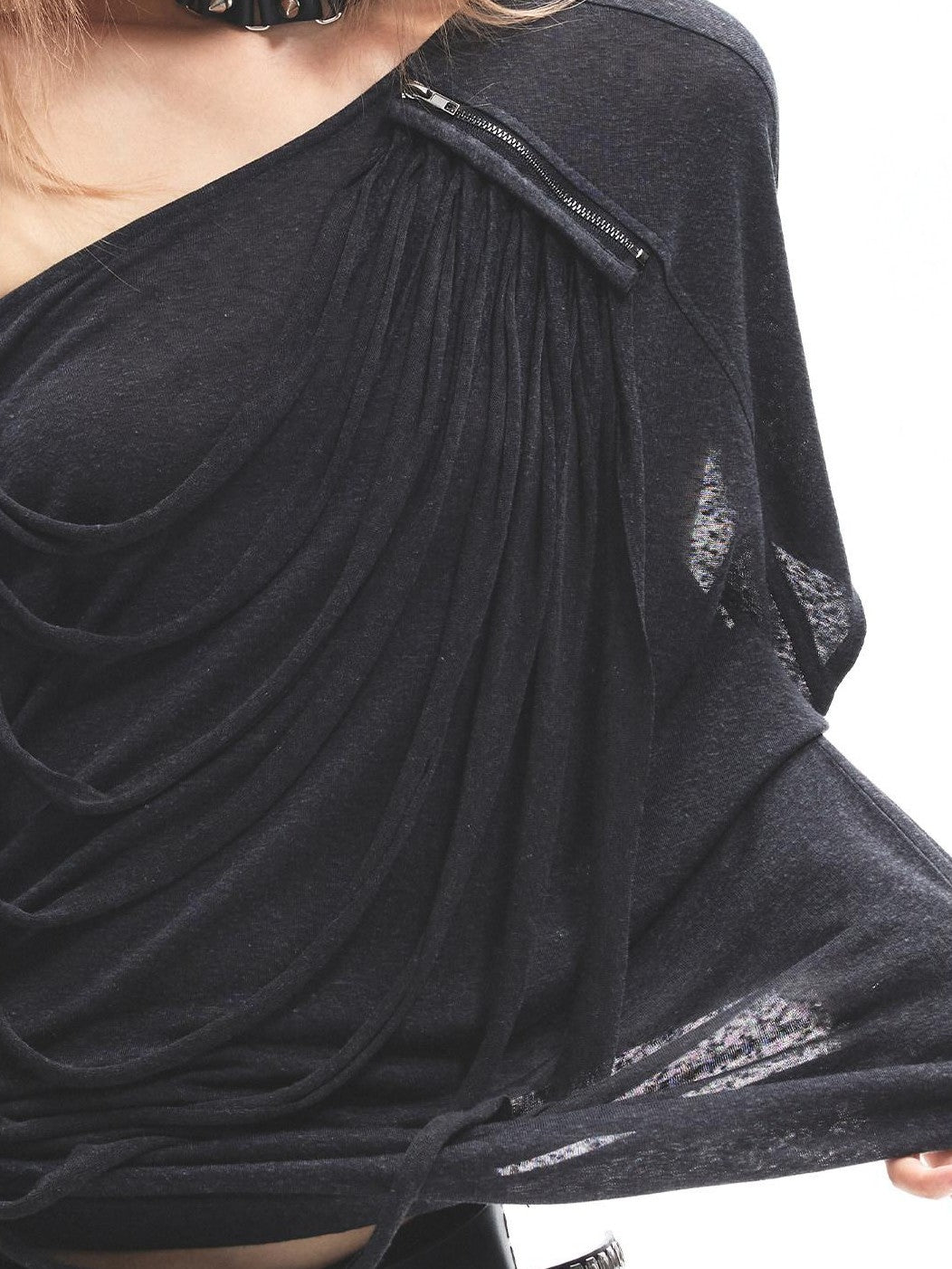 3MODE Dark Gray Asymmetric Bardot Front Pleat Women&