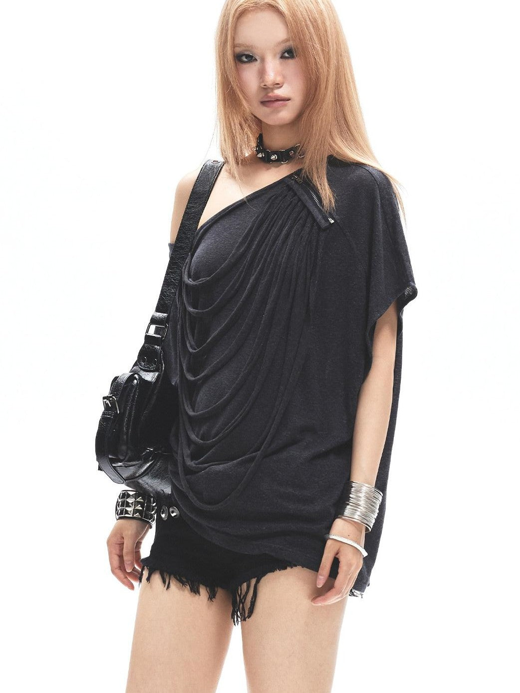 3MODE Dark Gray Asymmetric Bardot Front Pleat Women&