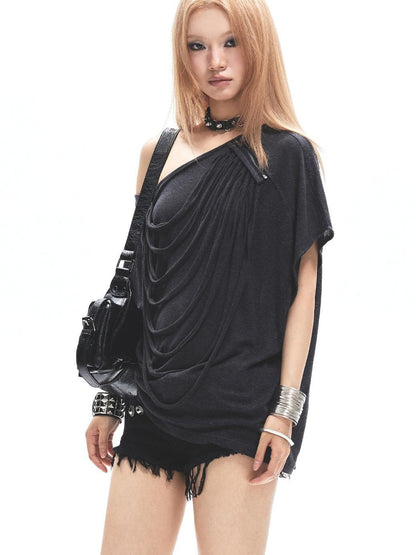 3MODE Dark Gray Asymmetric Bardot Front Pleat Women&