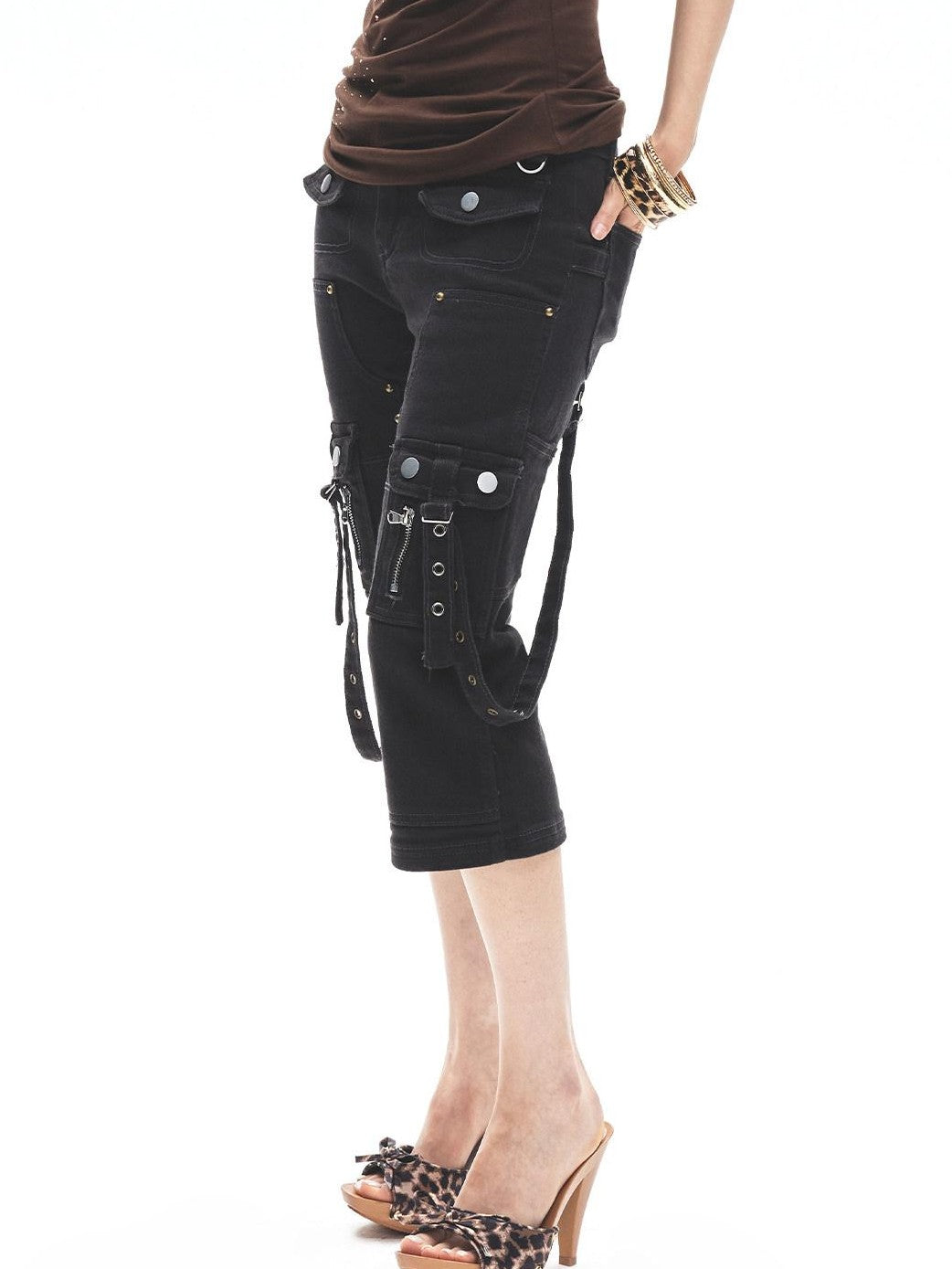3MODE Dark Gray Multi Pocket Cargo Low Rise Slim Women&