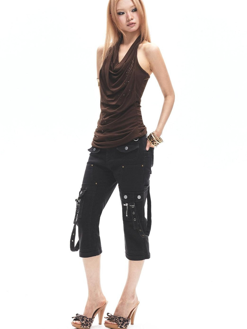 3MODE Dark Gray Multi Pocket Cargo Low Rise Slim Women&