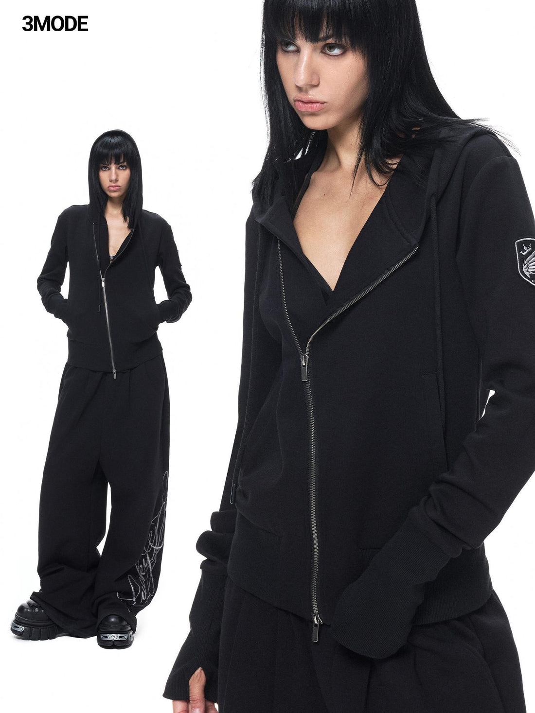 3MODE Dark Techwear Diagonal Zip Thumbhole Slim Fit Drawstring Hooded Women&