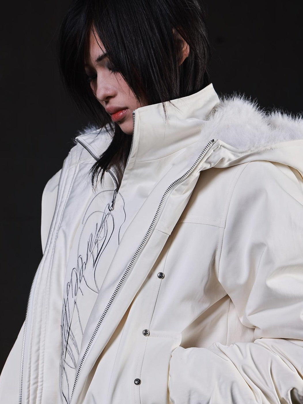 3MODE Detachable Faux Fur Collar Layered Parka Hooded Women&