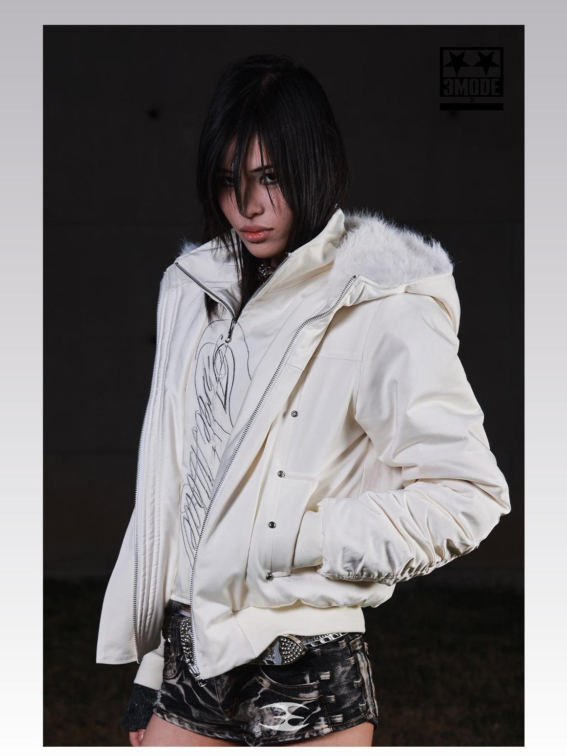 3MODE Detachable Faux Fur Collar Layered Parka Hooded Women&