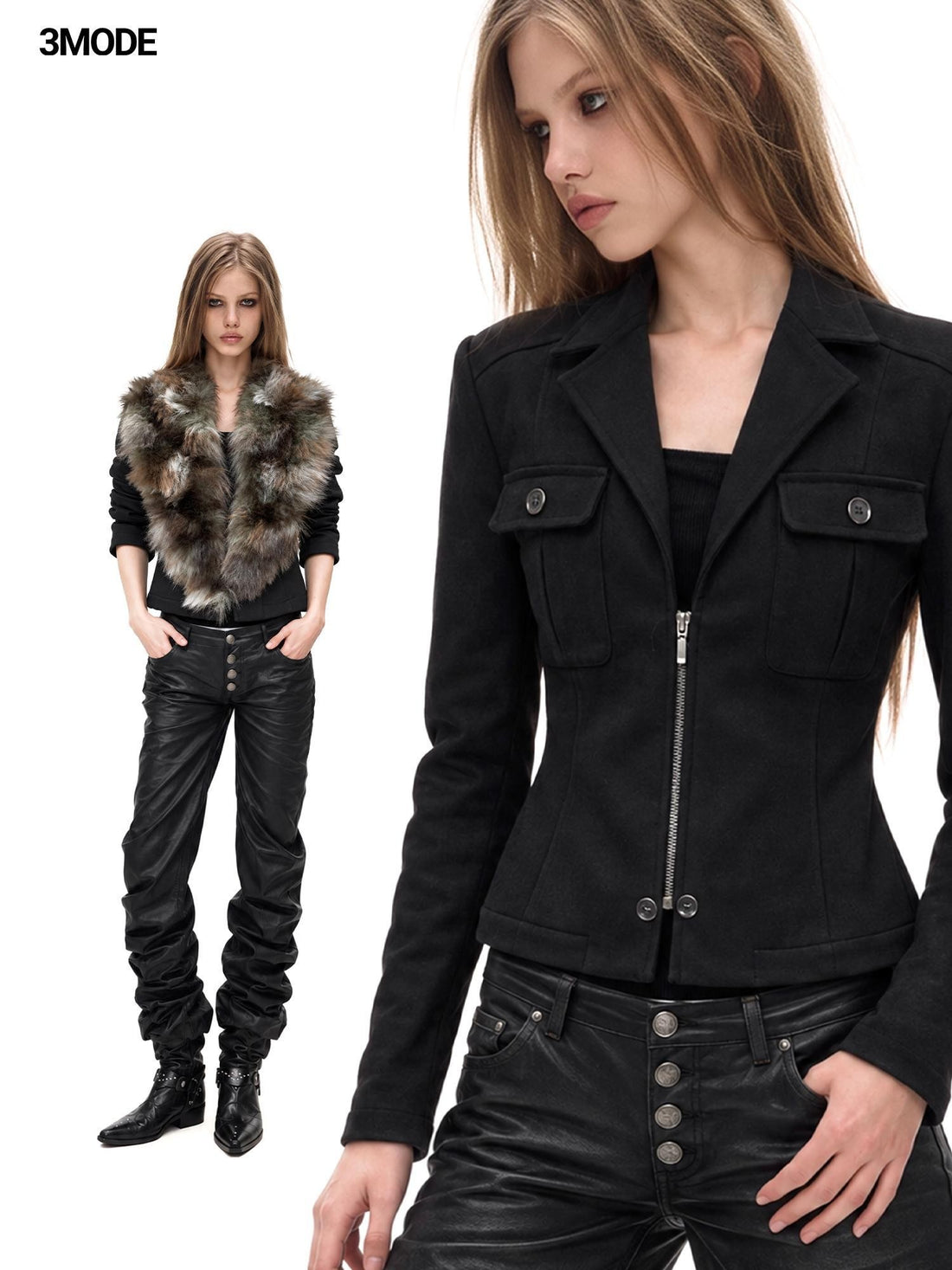 3MODE Detachable Fur Collar Slim Fit Cotton Women&