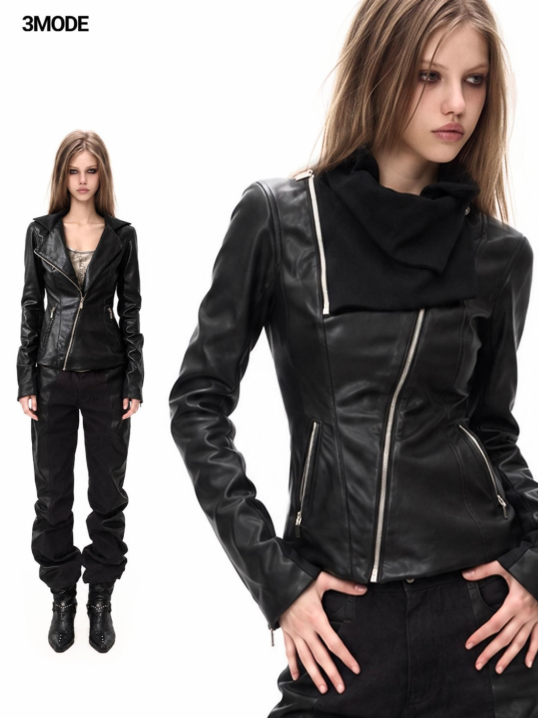 3MODE Detachable Neck Guard Asymmetric Zip Slim Fit Pu Women&