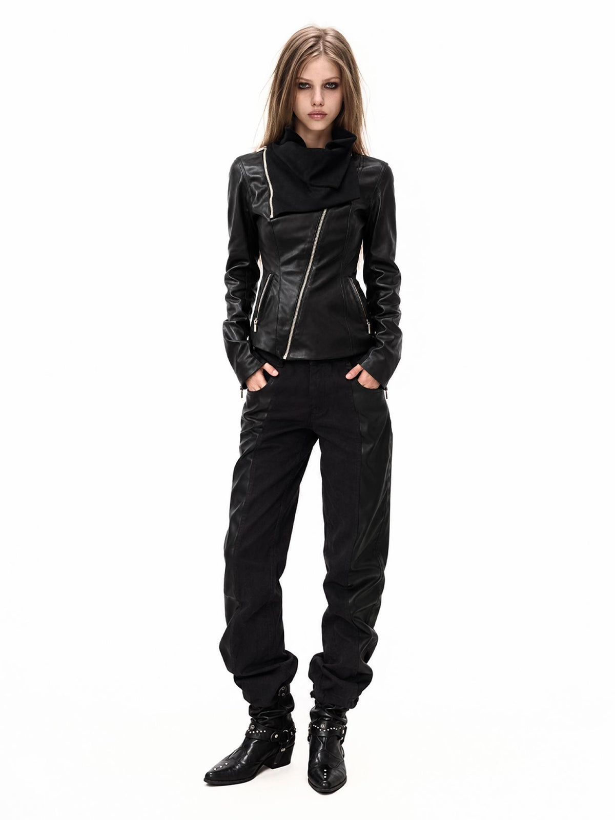 3MODE Detachable Neck Guard Asymmetric Zip Slim Fit Pu Women&