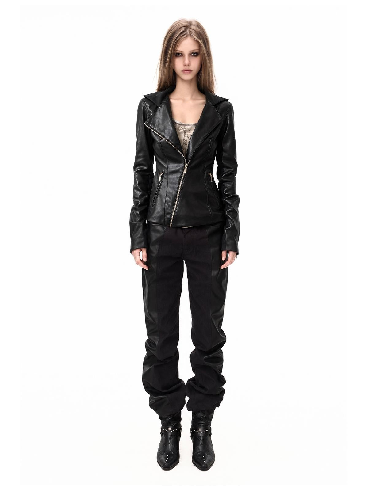 3MODE Detachable Neck Guard Asymmetric Zip Slim Fit Pu Women&