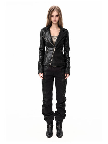 3MODE Detachable Neck Guard Asymmetric Zip Slim Fit Pu Women&