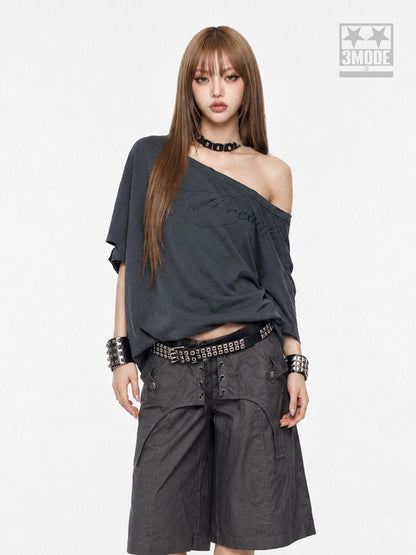 3MODE Distressed Dark Gray Asymmetrical Letter Print Women&