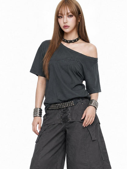 3MODE Distressed Dark Gray Asymmetrical Letter Print Women&
