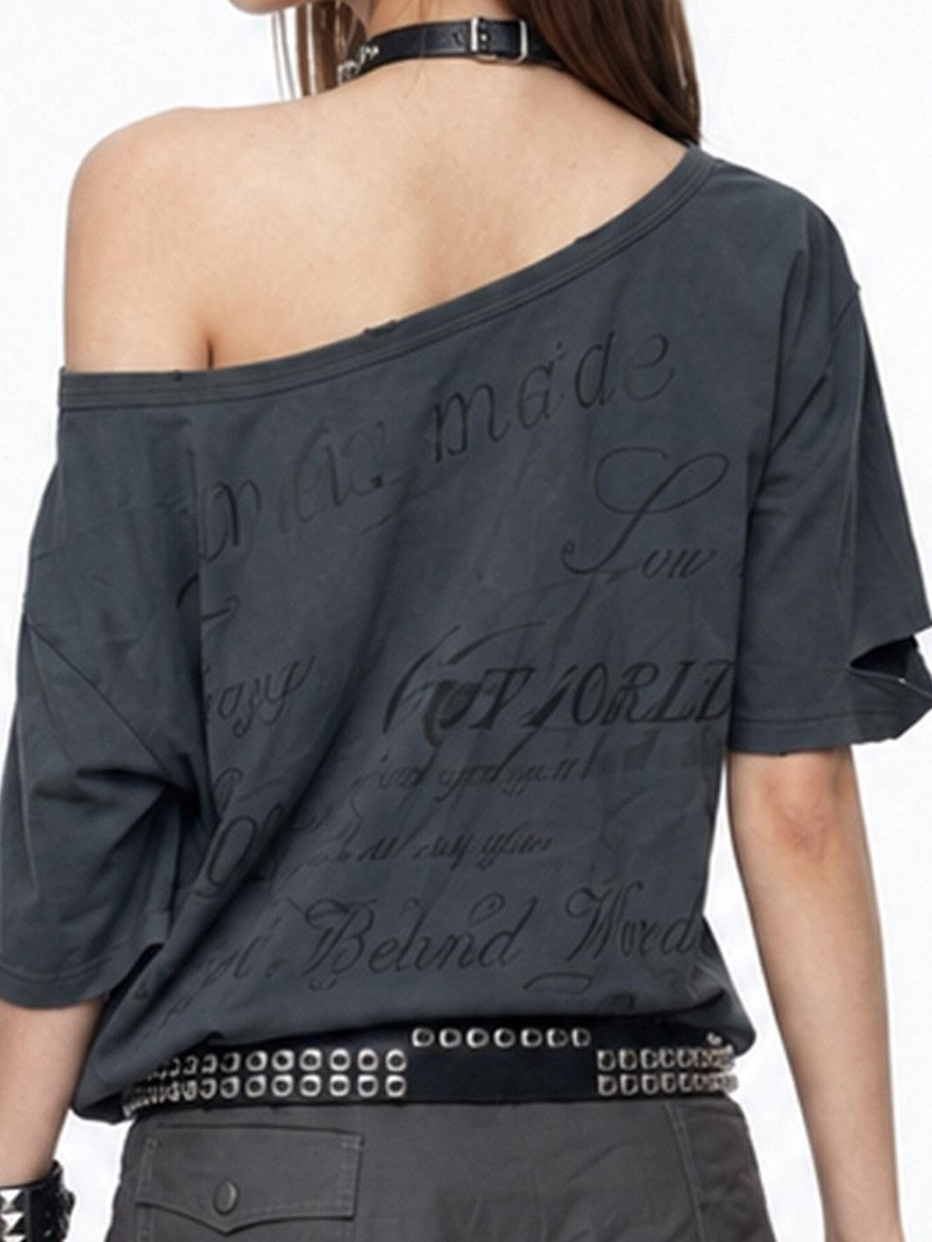 3MODE Distressed Dark Gray Asymmetrical Letter Print Women&