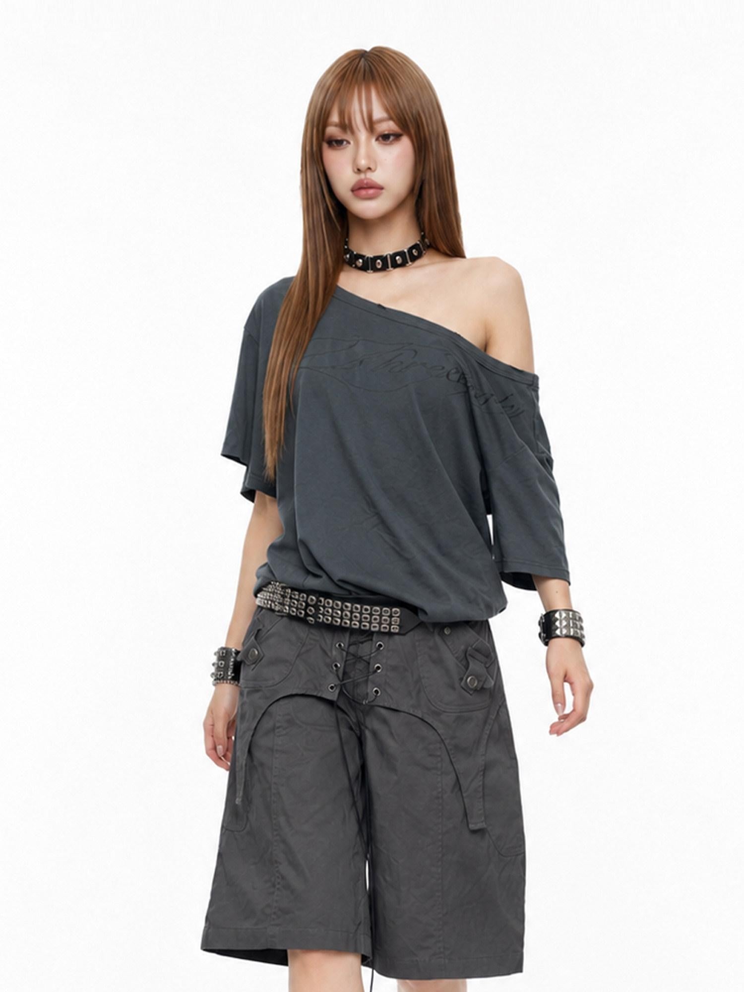 3MODE Distressed Dark Gray Asymmetrical Letter Print Women&
