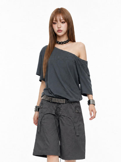 3MODE Distressed Dark Gray Asymmetrical Letter Print Women&