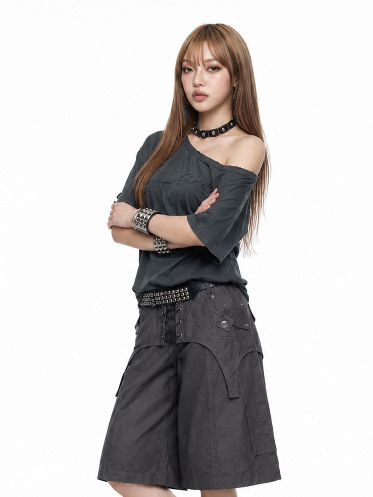 3MODE Distressed Dark Gray Asymmetrical Letter Print Women&