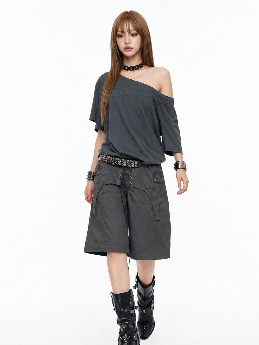 3MODE Distressed Dark Gray Asymmetrical Letter Print Women&