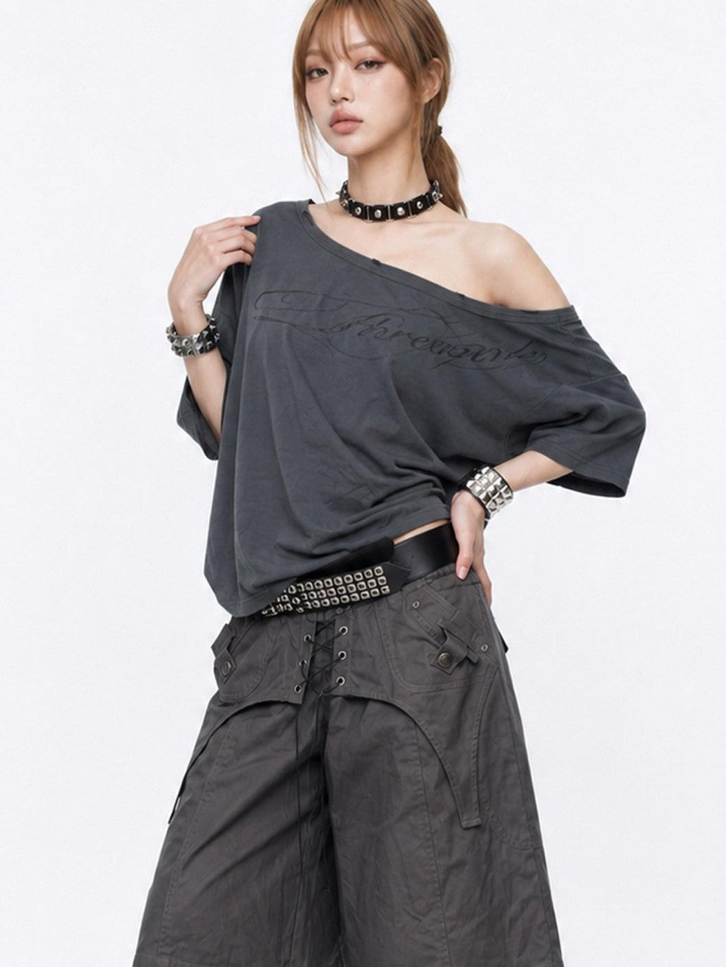 3MODE Distressed Dark Gray Asymmetrical Letter Print Women&