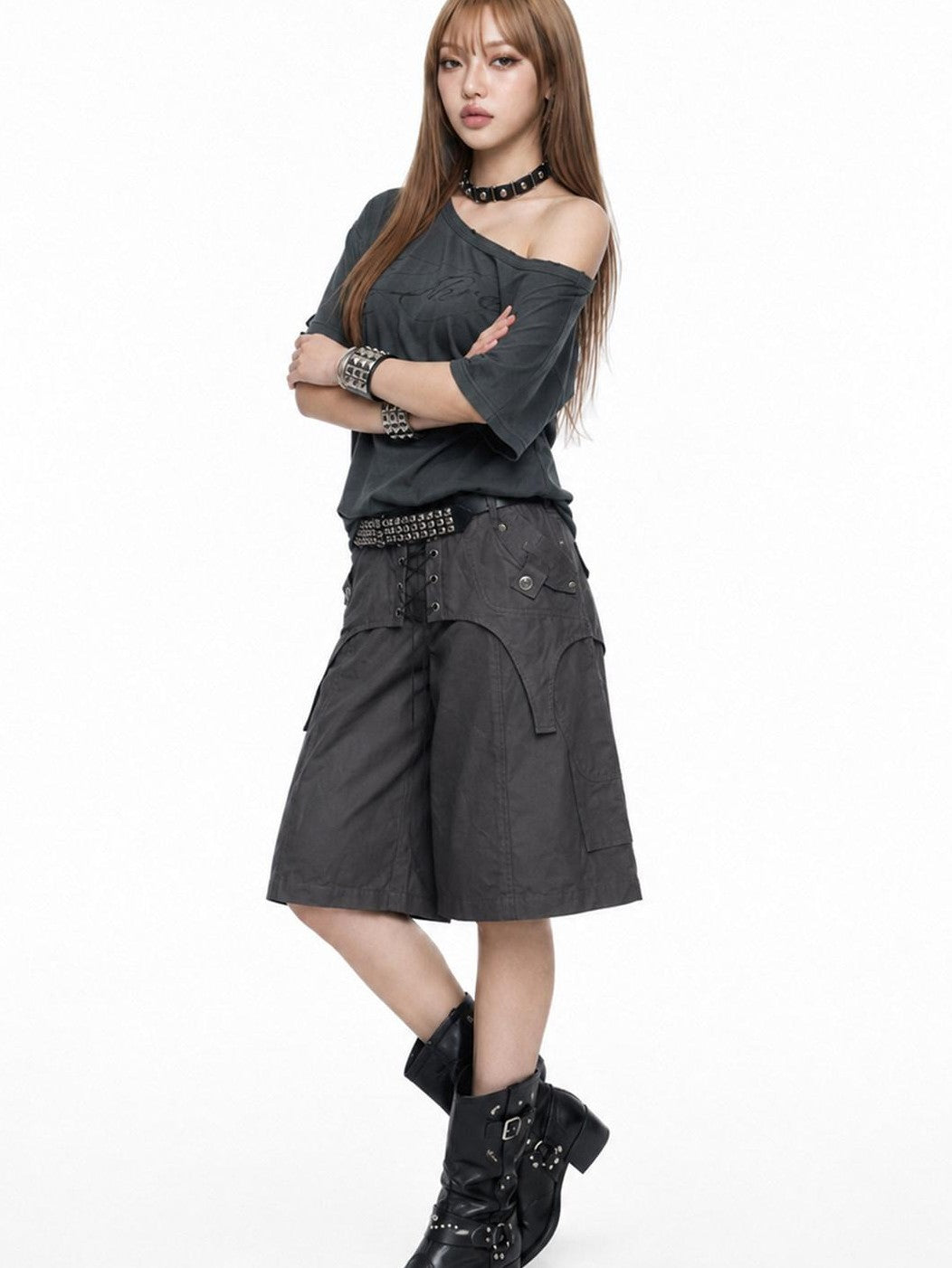 3MODE Distressed Dark Gray Asymmetrical Letter Print Women&